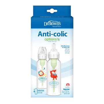 Natural Flow Anti-Colic Options+ Narrow Baby Bottle, Fox/Lion, 8 Oz, 0M+, 2 Pack