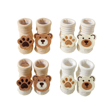 Baby Cartoon Bear Socks – 4 Pairs Non-Slip Soft Cotton Ankle Socks (0–12M)