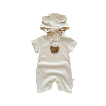 Waffle Cotton Baby Romper with Bear Patch & Hat