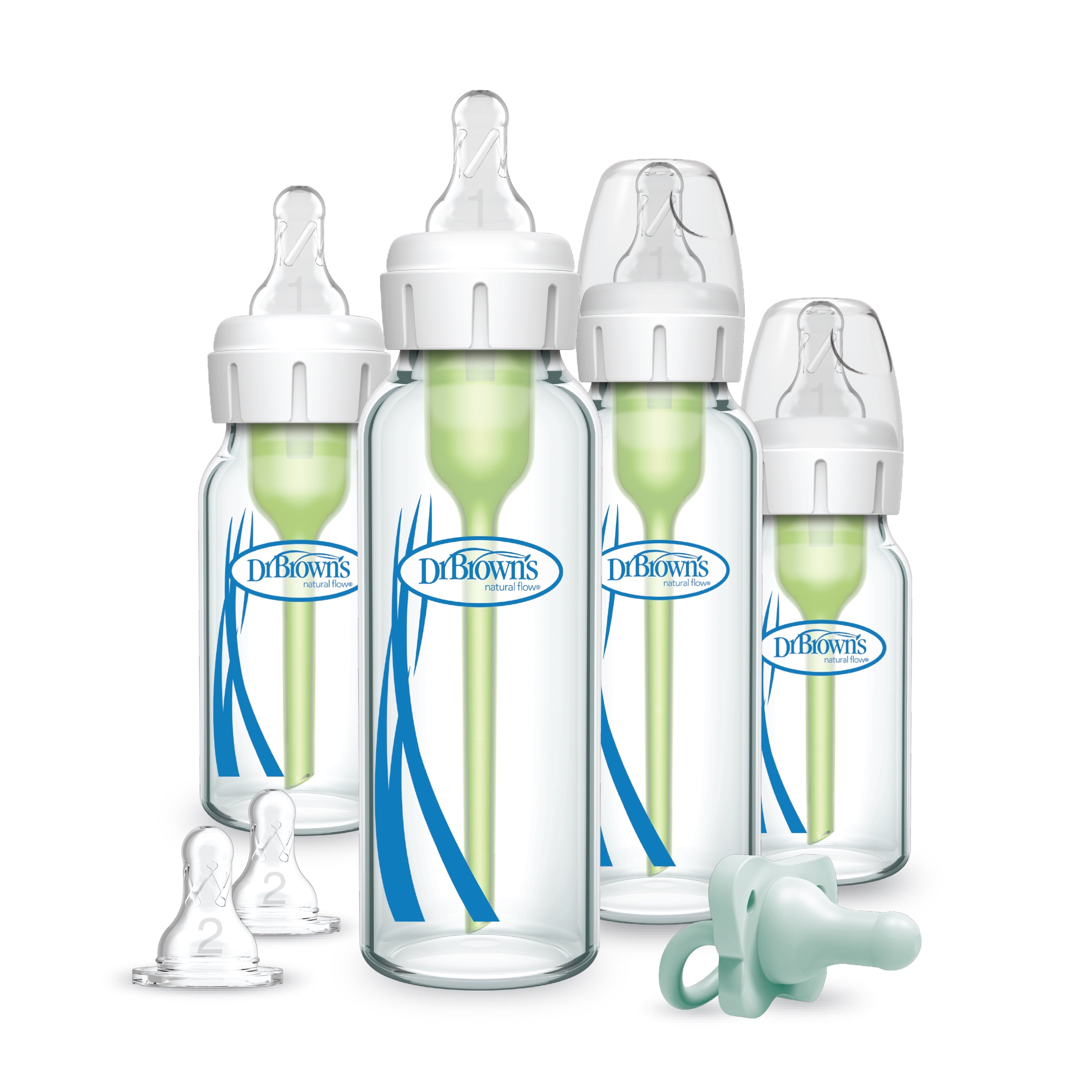Anti-Colic Options+ Narrow Glass Bottle Starter Set, 4Oz / 8Oz Bottles, Levels 1, 2 Nipples, and Happypaci Pacifier