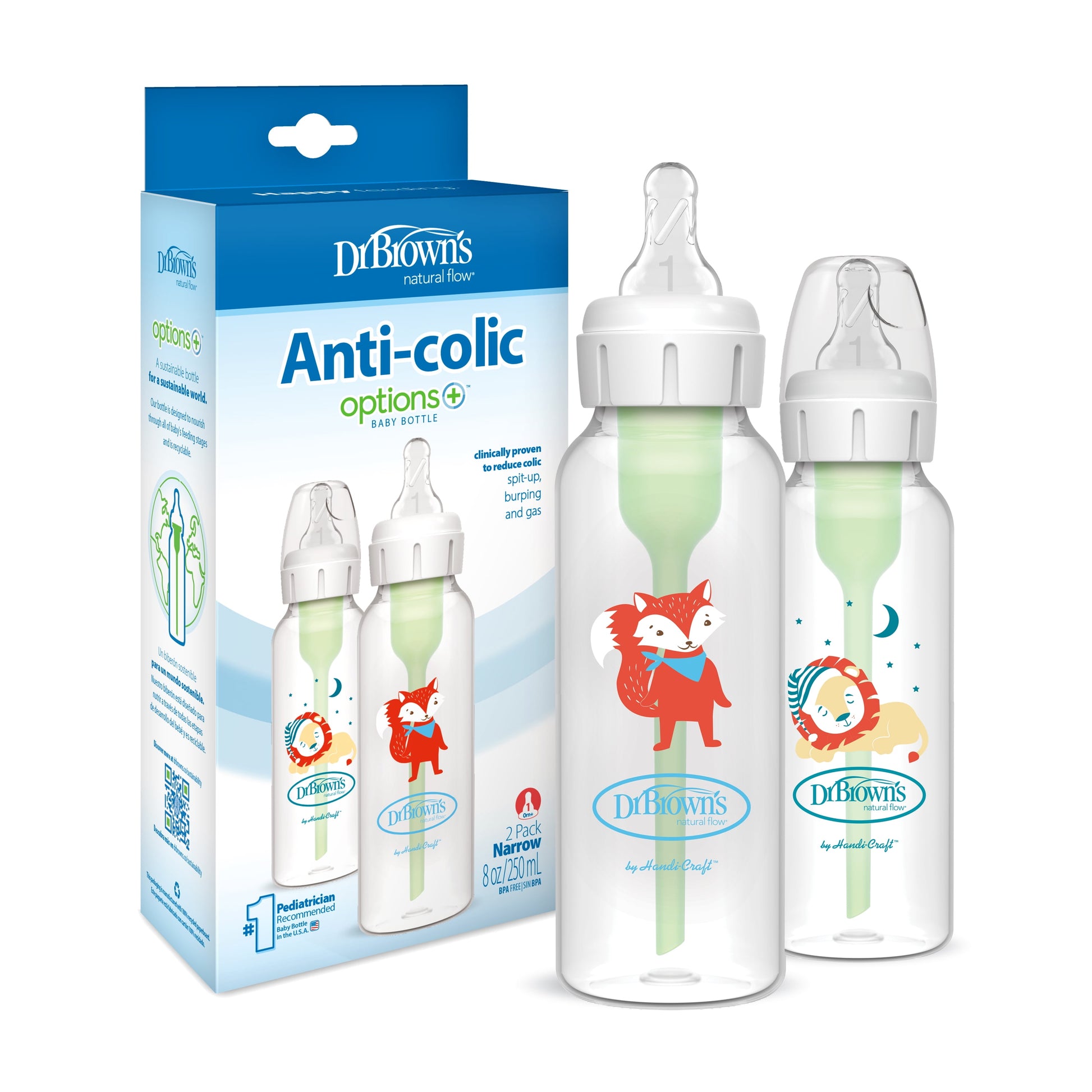 Natural Flow Anti-Colic Options+ Narrow Baby Bottle, Fox/Lion, 8 Oz, 0M+, 2 Pack