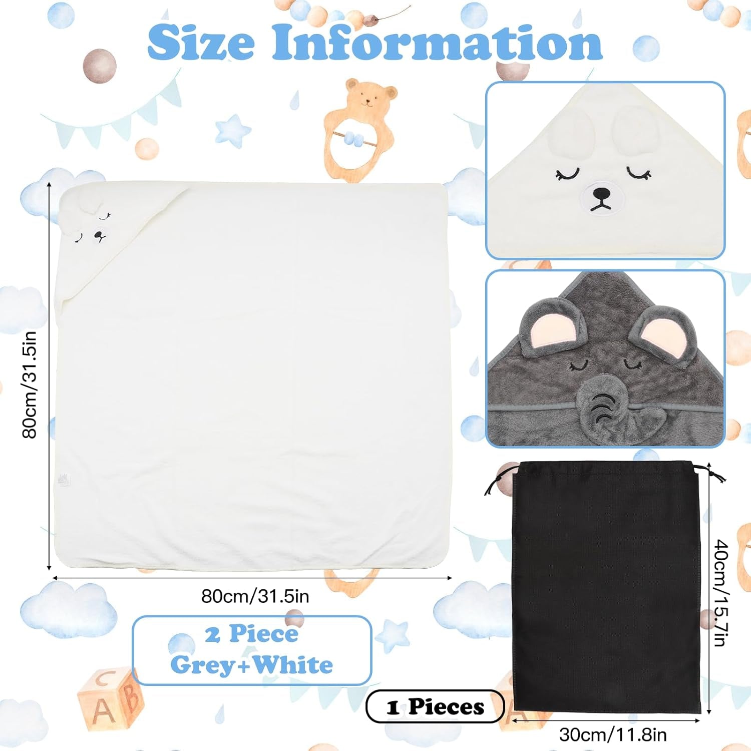 2 PCS Baby Hooded Towels – Ultra Soft & Absorbent Newborn Bath Towels with Storage Bag