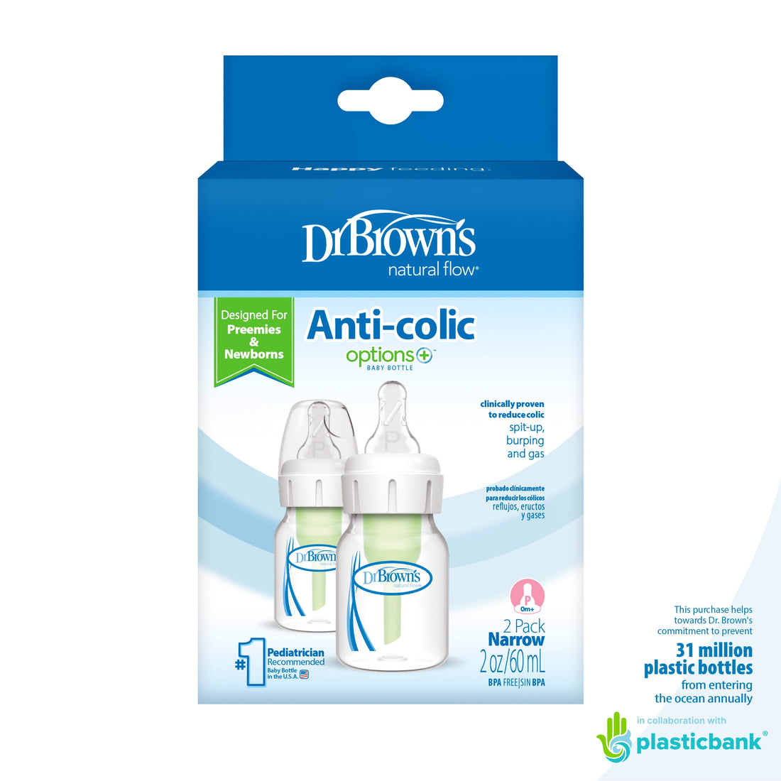 Natural Flow Anti-Colic Options+ Narrow Baby Bottle, 2Oz/60Ml, Preemie Flow, 0M+, 2 Pack