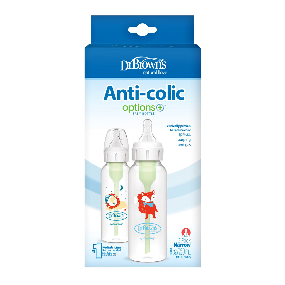 Natural Flow Anti-Colic Options+ Narrow Baby Bottle, Fox/Lion, 8 Oz, 0M+, 2 Pack