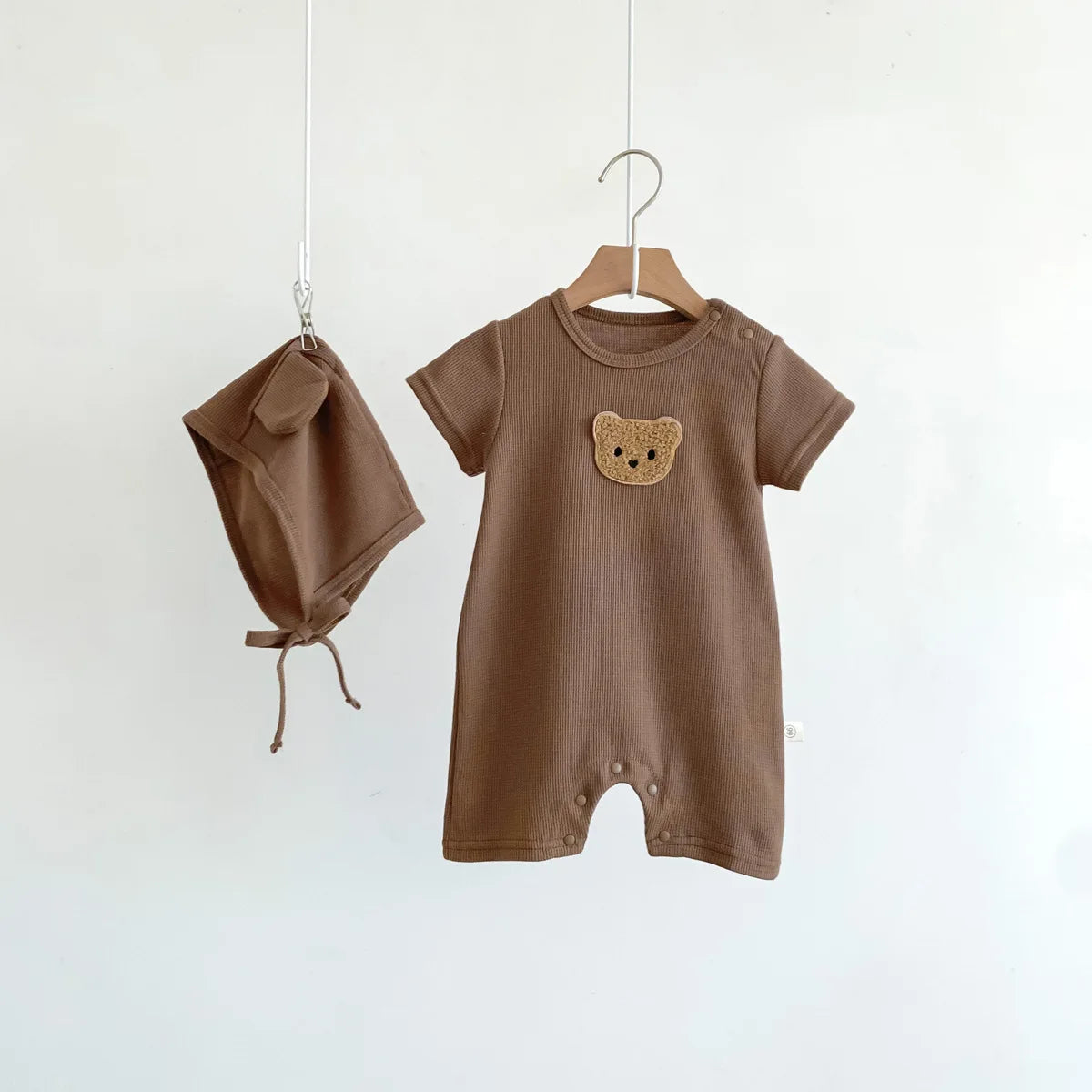 Waffle Cotton Baby Romper with Bear Patch & Hat