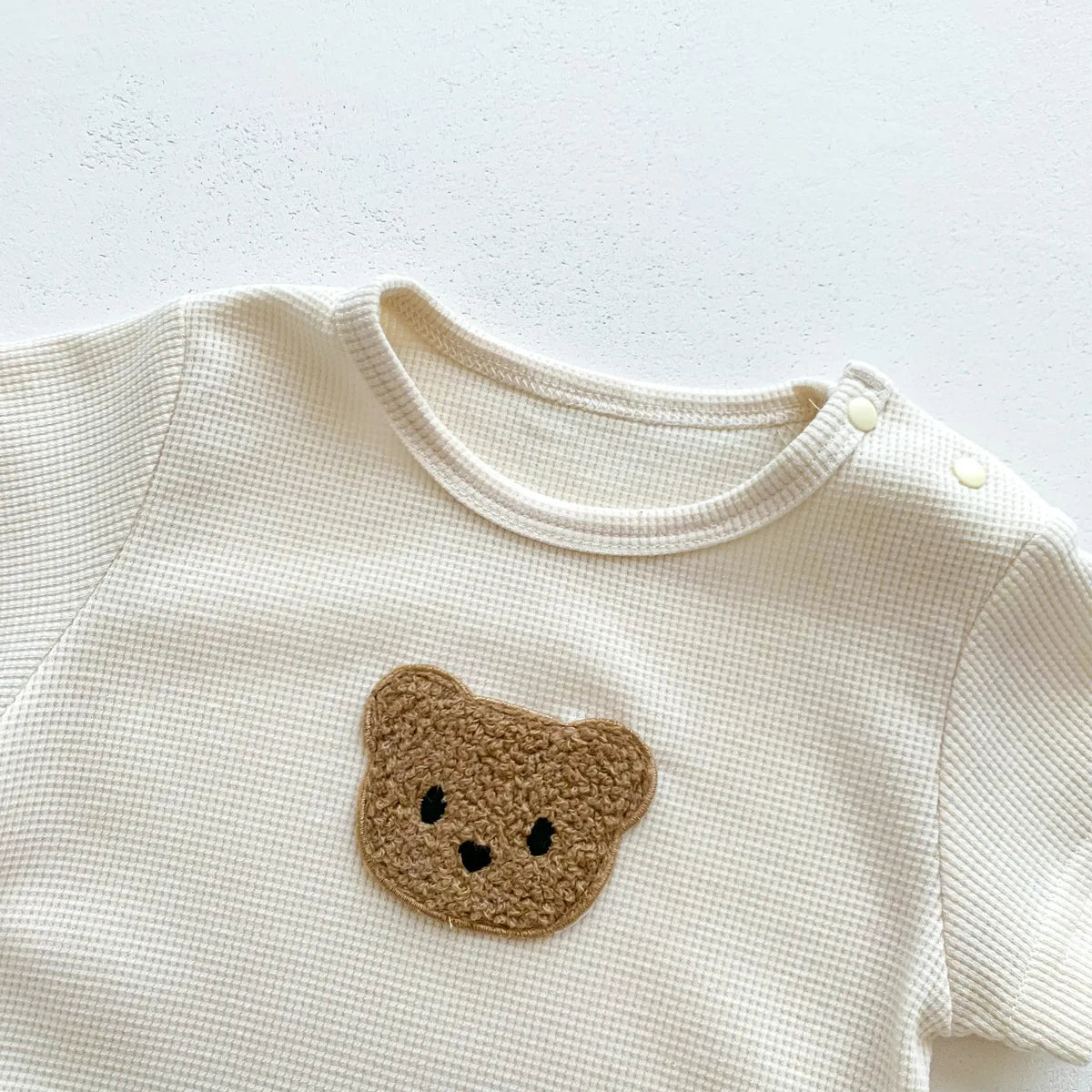 Waffle Cotton Baby Romper with Bear Patch & Hat
