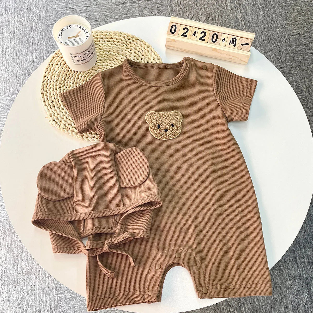 Waffle Cotton Baby Romper with Bear Patch & Hat