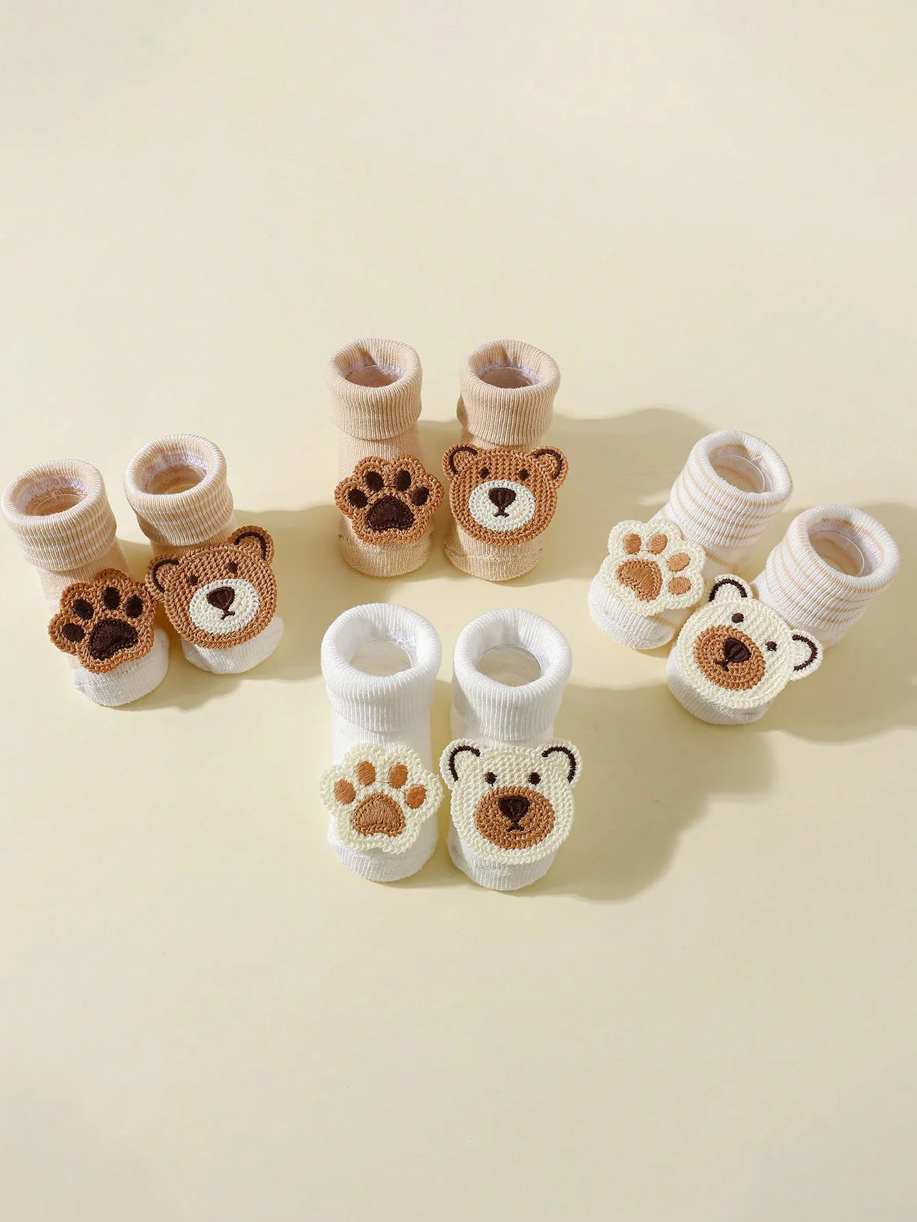 Baby Cartoon Bear Socks – 4 Pairs Non-Slip Soft Cotton Ankle Socks (0–12M)