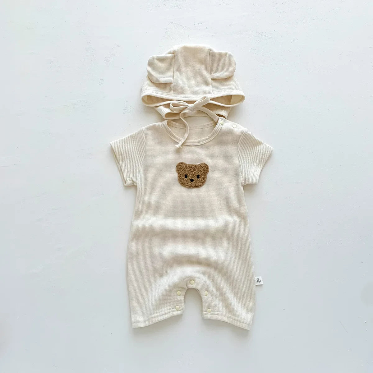 Waffle Cotton Baby Romper with Bear Patch & Hat