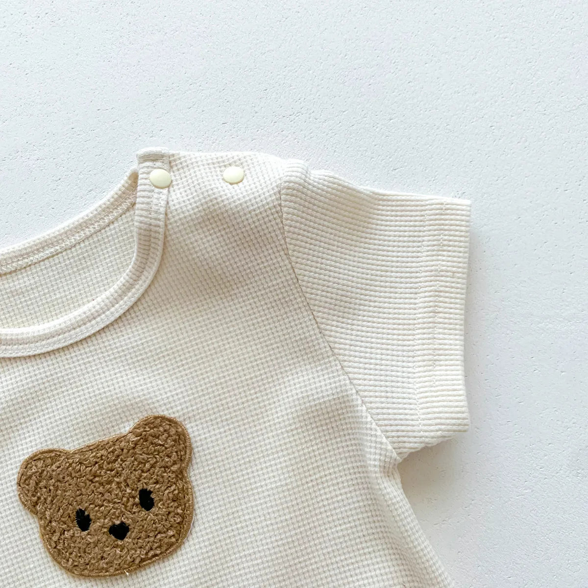 Waffle Cotton Baby Romper with Bear Patch & Hat