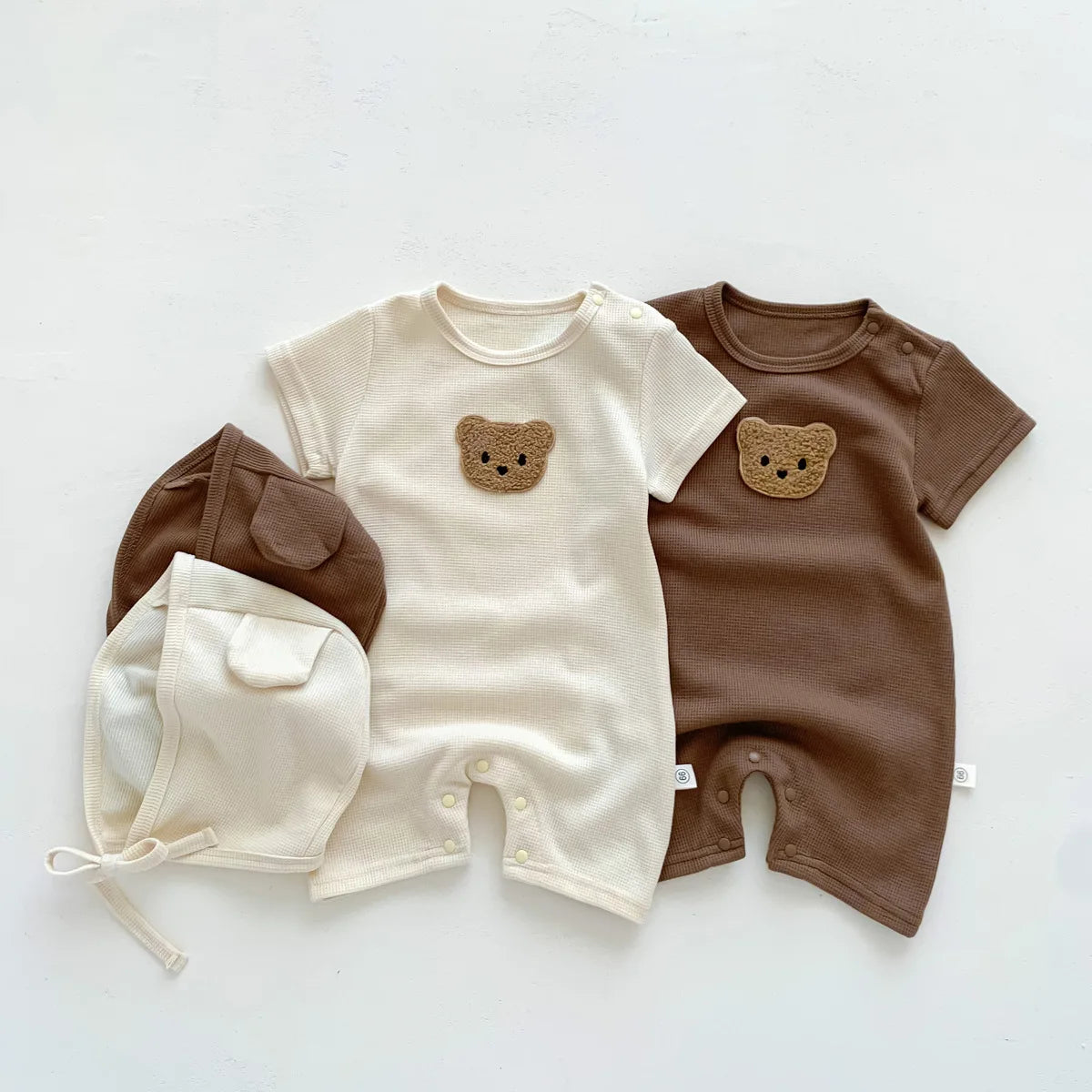 Waffle Cotton Baby Romper with Bear Patch & Hat