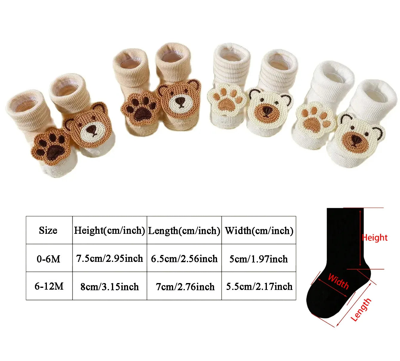 Baby Cartoon Bear Socks – 4 Pairs Non-Slip Soft Cotton Ankle Socks (0–12M)