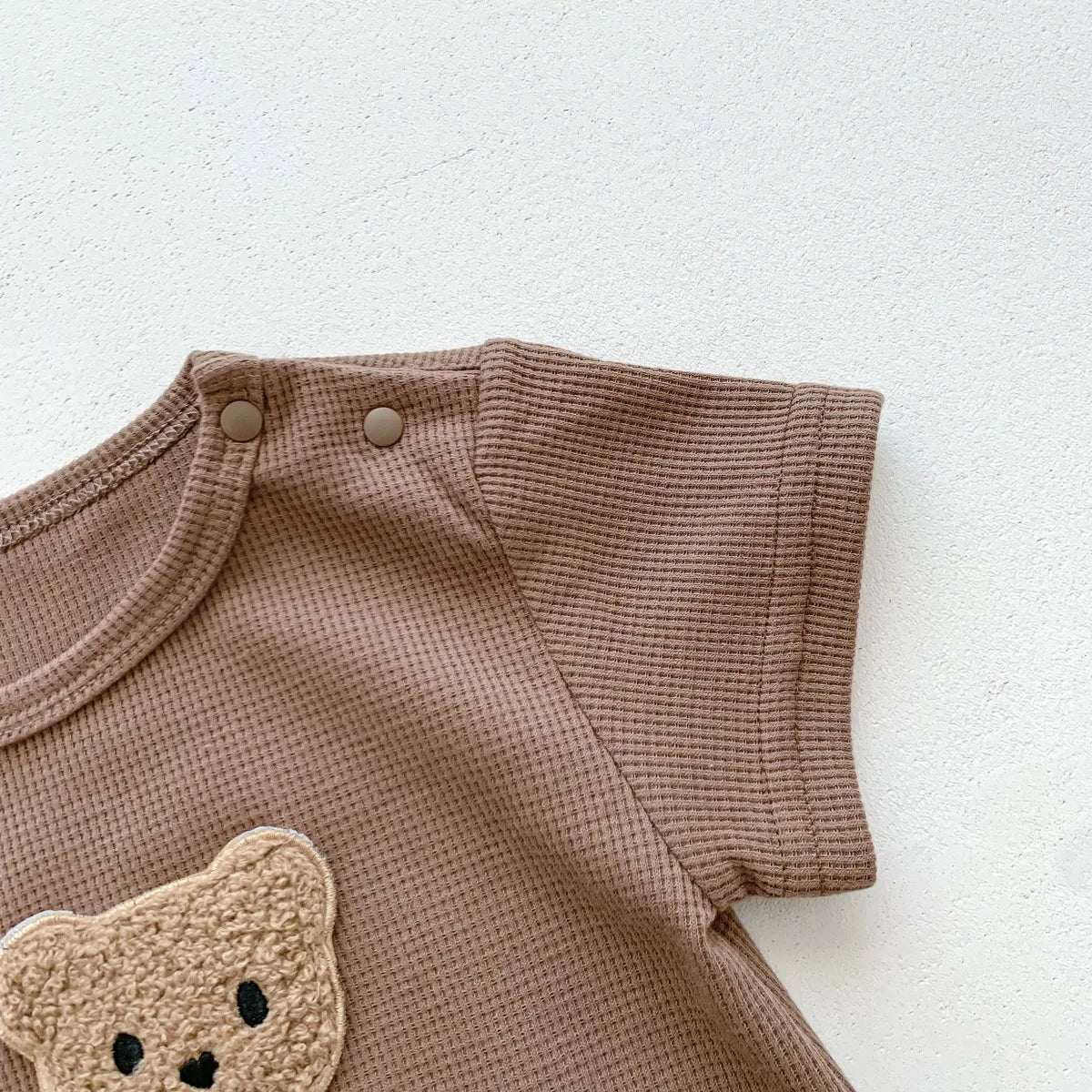 Waffle Cotton Baby Romper with Bear Patch & Hat