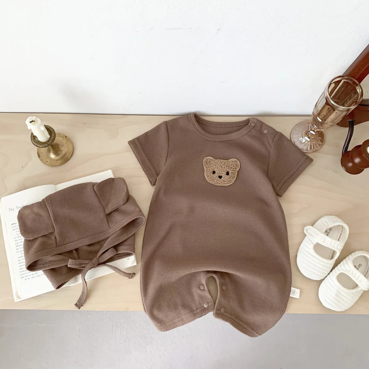 Waffle Cotton Baby Romper with Bear Patch & Hat