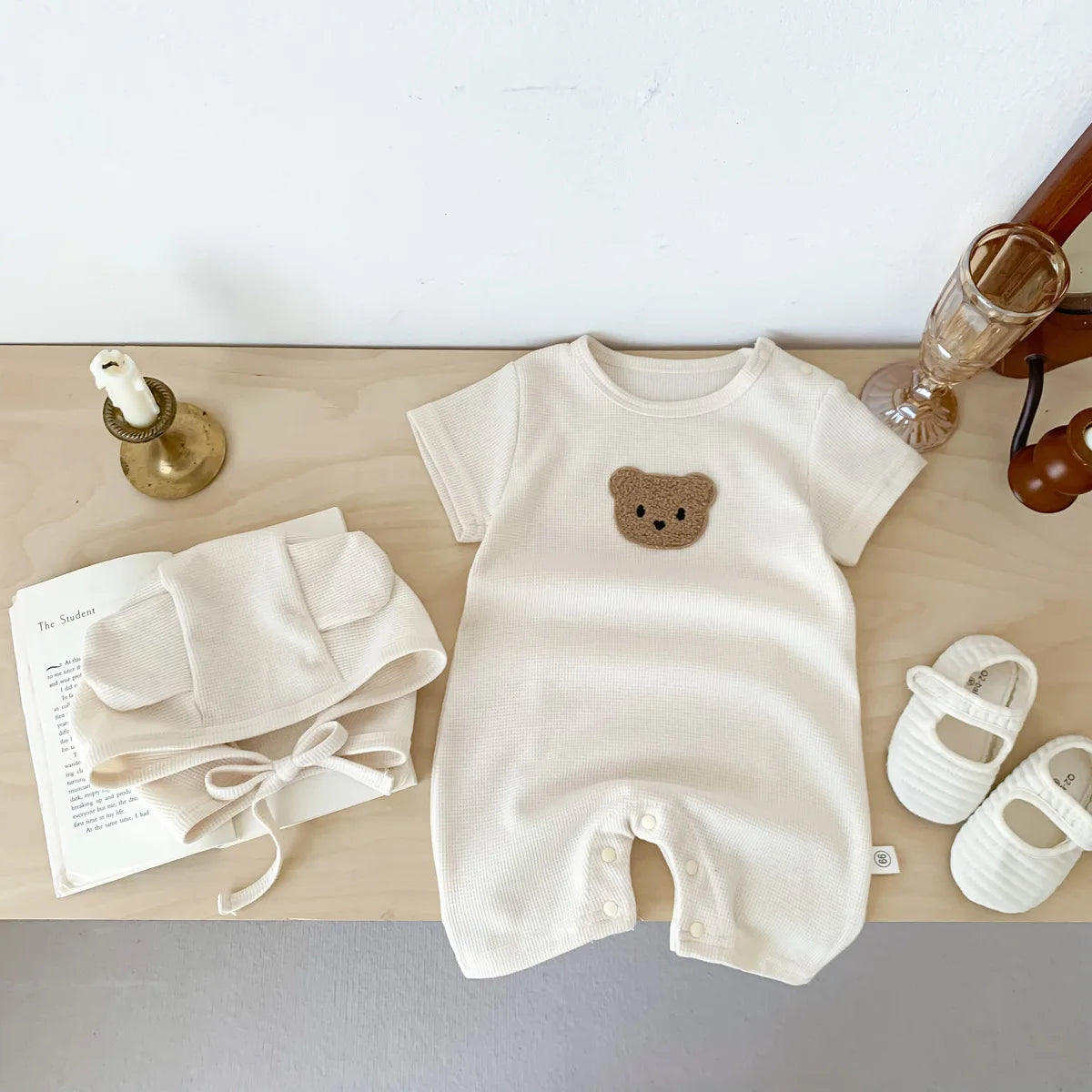 Waffle Cotton Baby Romper with Bear Patch & Hat