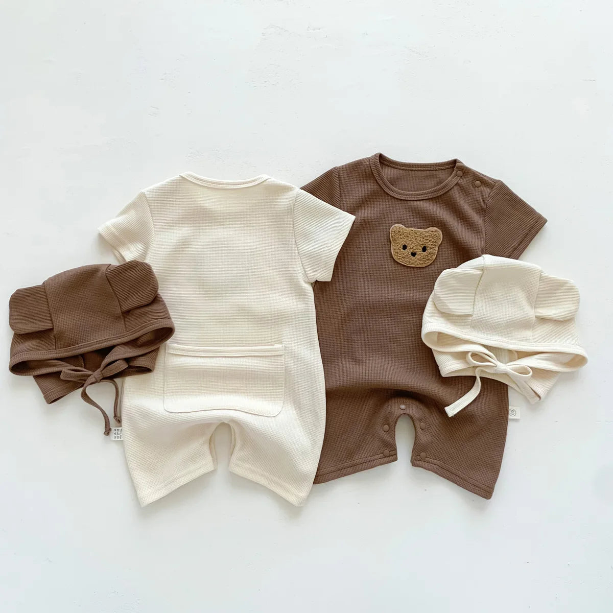 Waffle Cotton Baby Romper with Bear Patch & Hat