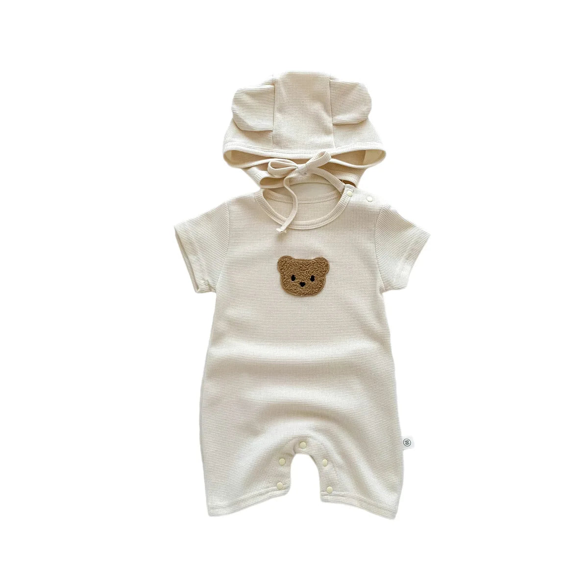 Waffle Cotton Baby Romper with Bear Patch & Hat