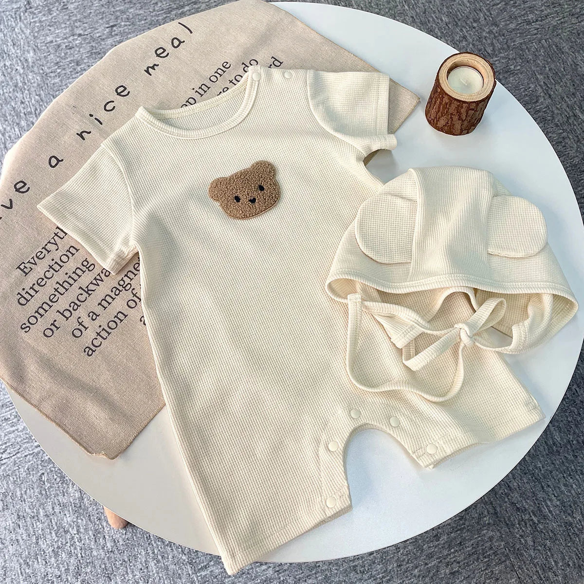 Waffle Cotton Baby Romper with Bear Patch & Hat