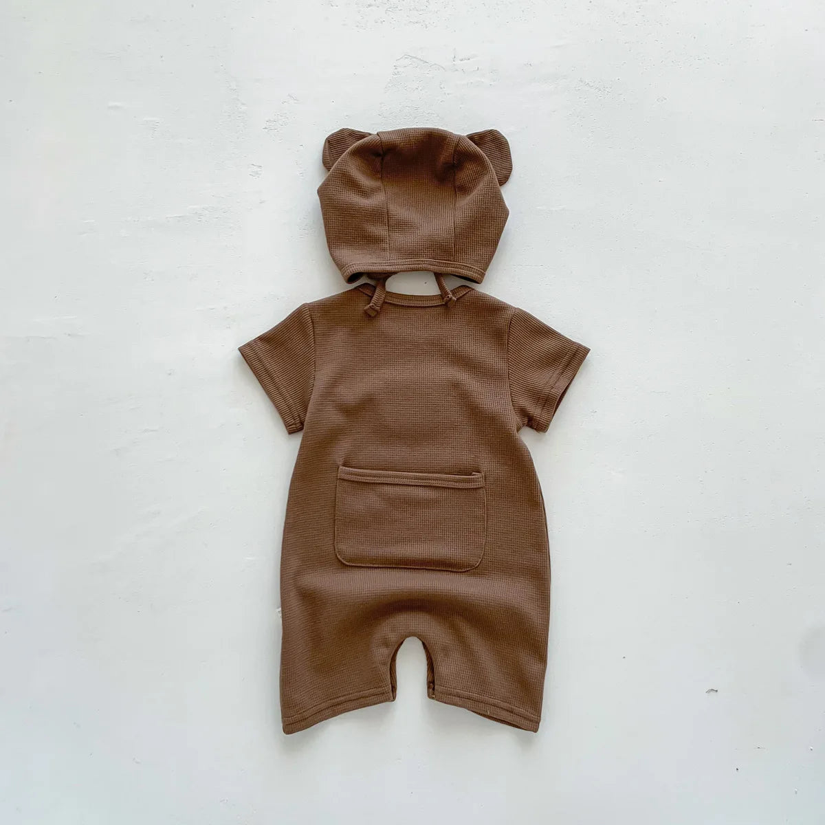 Waffle Cotton Baby Romper with Bear Patch & Hat