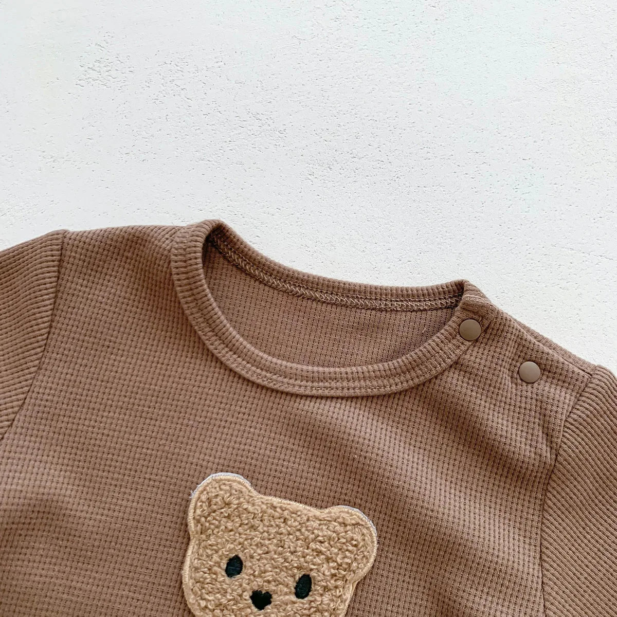 Waffle Cotton Baby Romper with Bear Patch & Hat