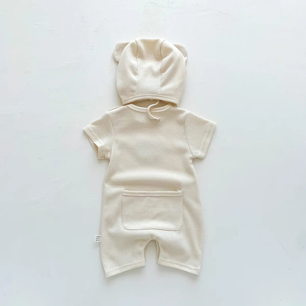 Waffle Cotton Baby Romper with Bear Patch & Hat