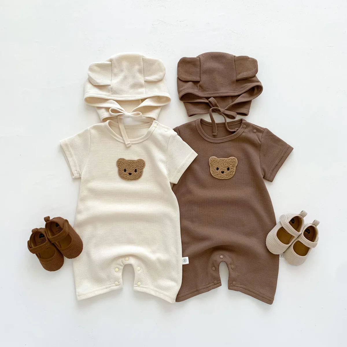 Waffle Cotton Baby Romper with Bear Patch & Hat