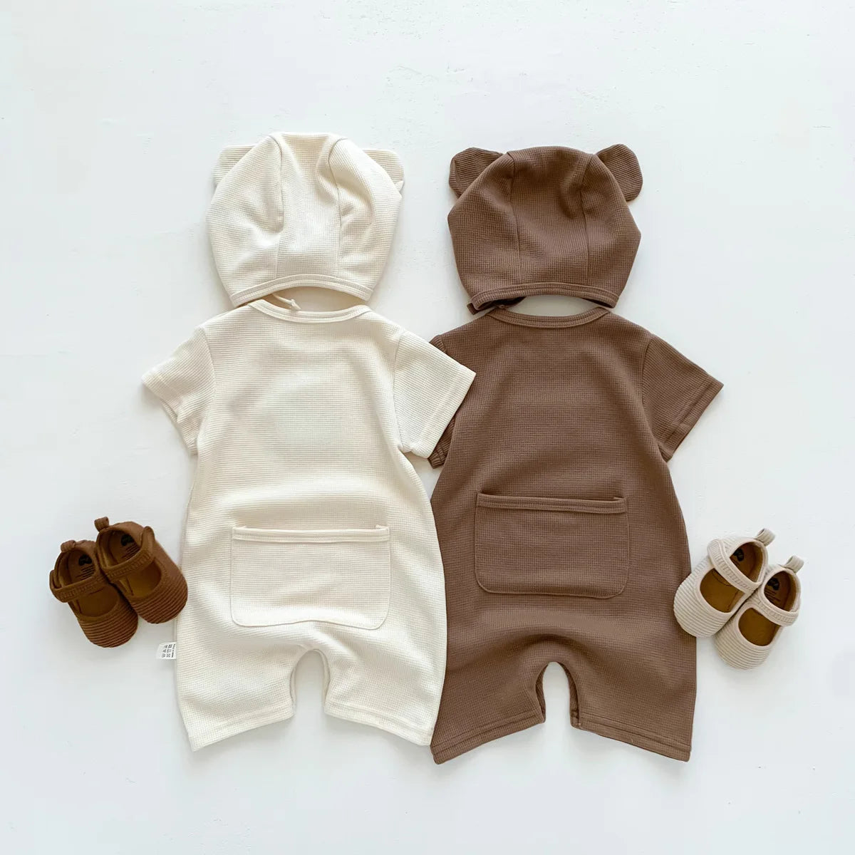 Waffle Cotton Baby Romper with Bear Patch & Hat