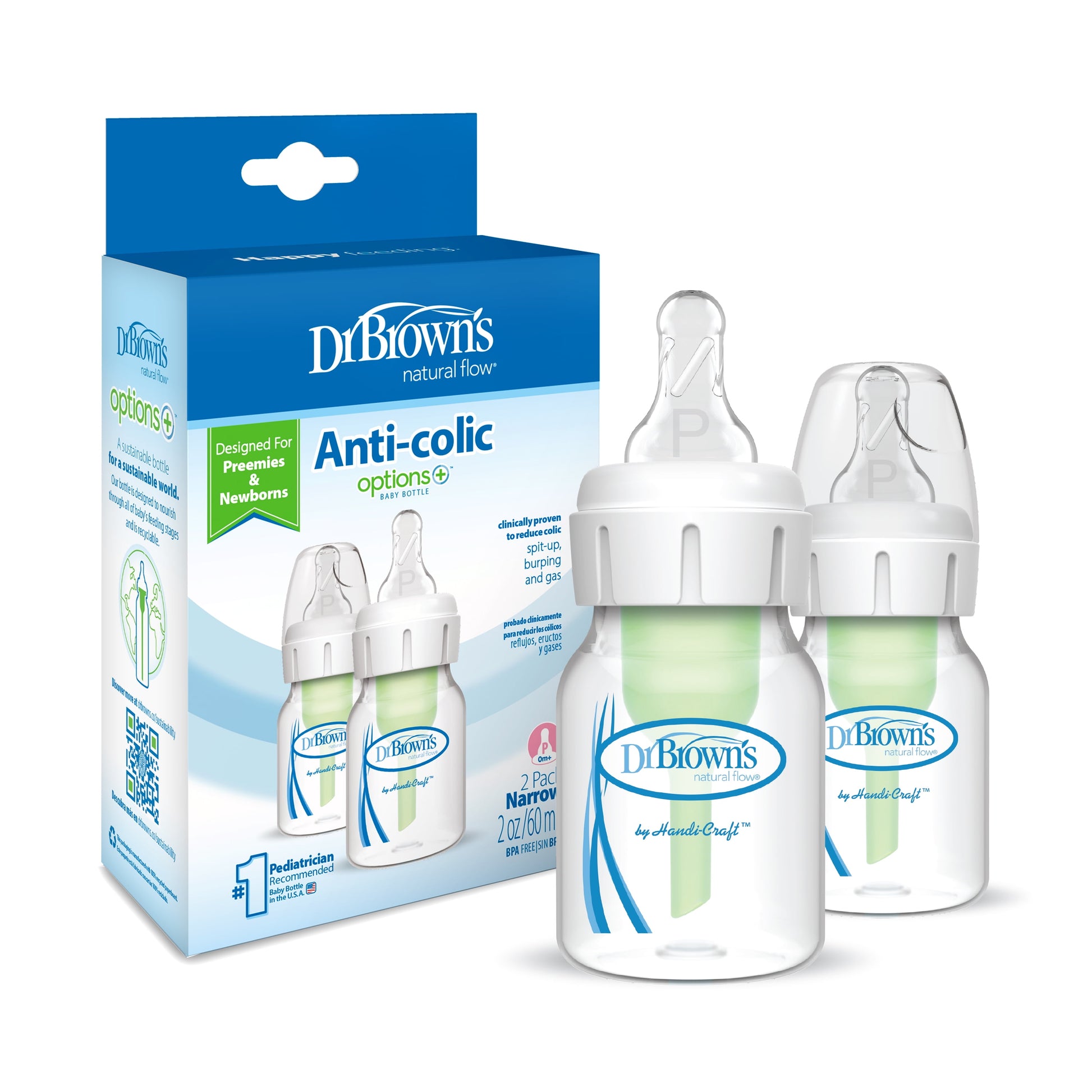 Natural Flow Anti-Colic Options+ Narrow Baby Bottle, 2Oz/60Ml, Preemie Flow, 0M+, 2 Pack