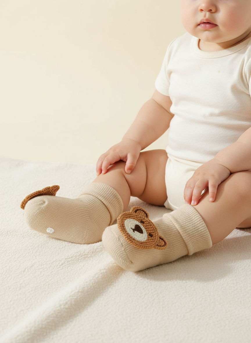 Baby Cartoon Bear Socks – 4 Pairs Non-Slip Soft Cotton Ankle Socks (0–12M)