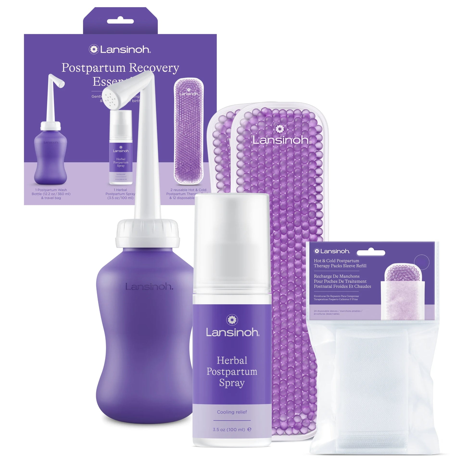 Lansinoh postpartum recovery essentials kit with herbal spray, perineal bottle, cold therapy pack, and cleansing cloth