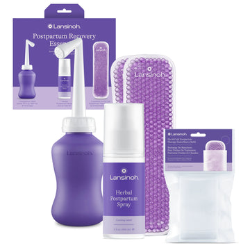 Lansinoh postpartum recovery essentials kit with herbal spray, perineal bottle, cold therapy pack, and cleansing cloth
