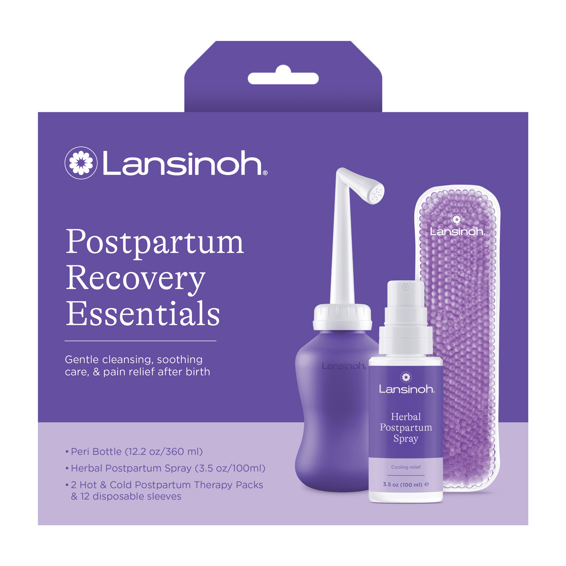 Lansinoh postpartum recovery essentials kit with peri bottle herbal spray and cold therapy packs