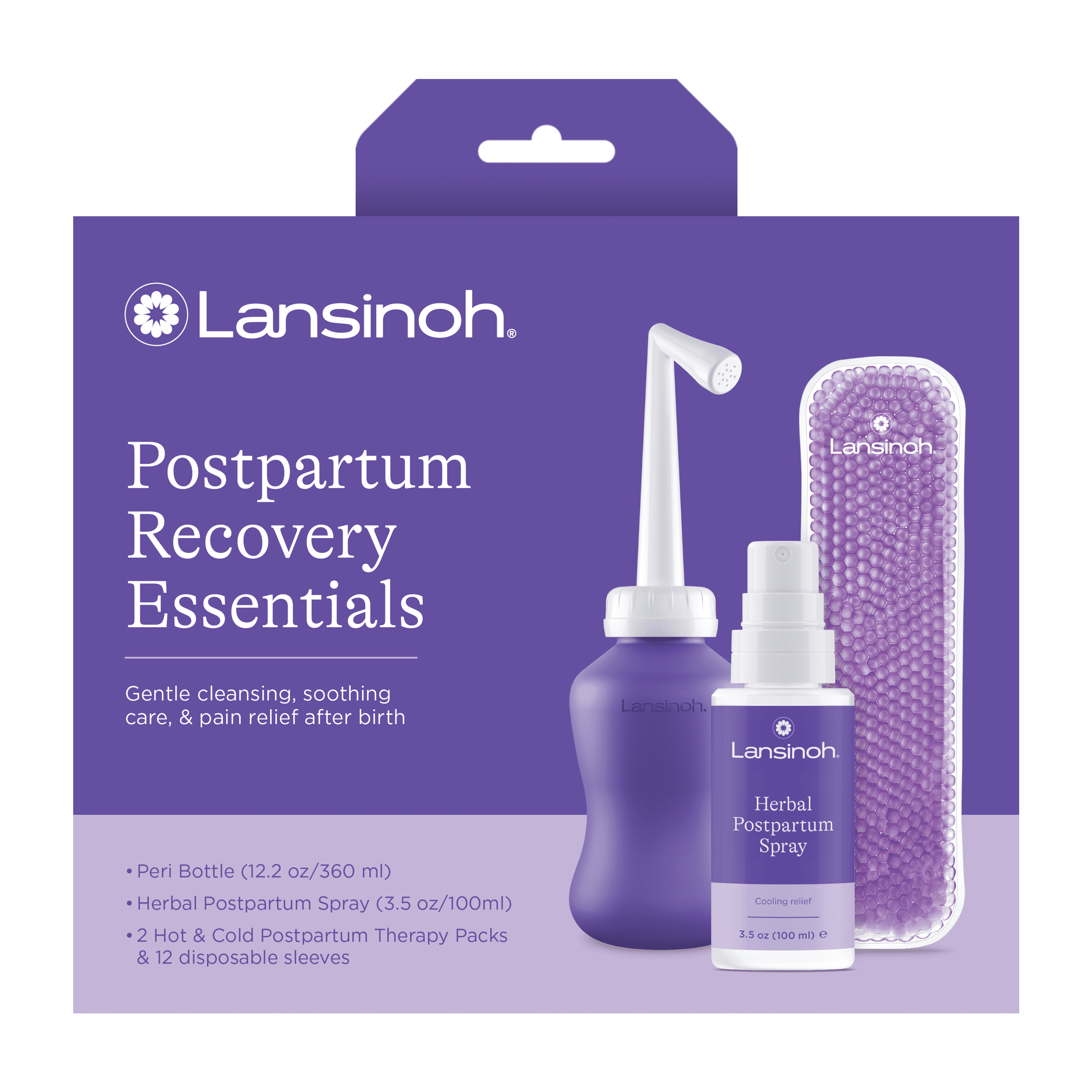 Lansinoh postpartum recovery essentials kit with peri bottle herbal spray and cold therapy packs