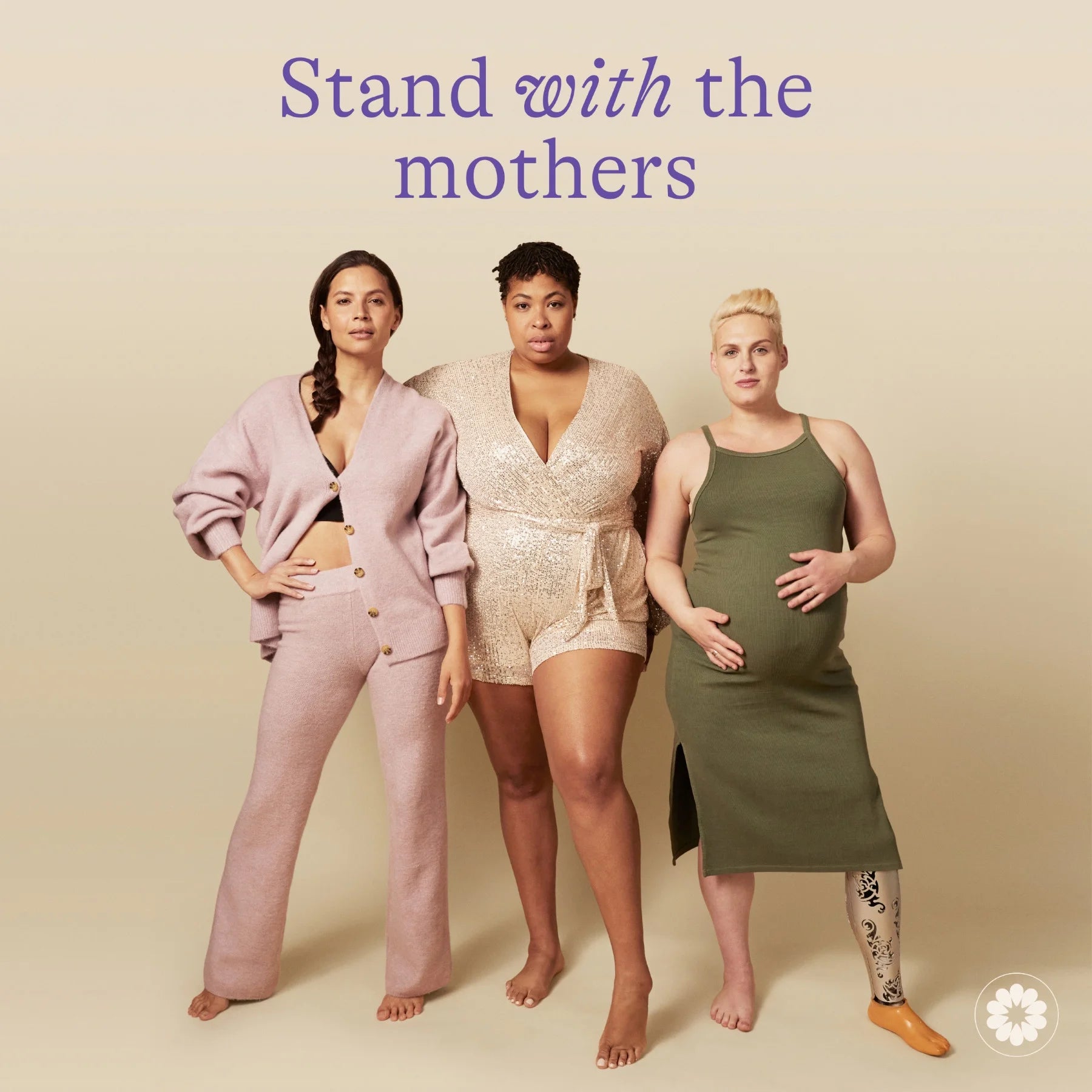 Three diverse women standing together promoting postpartum recovery essentials kit with supportive message